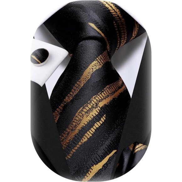 Men Black Brown Tie Set Solid Paisley Necktie Pocket Square Cufflink Formal - Picture 1 of 7